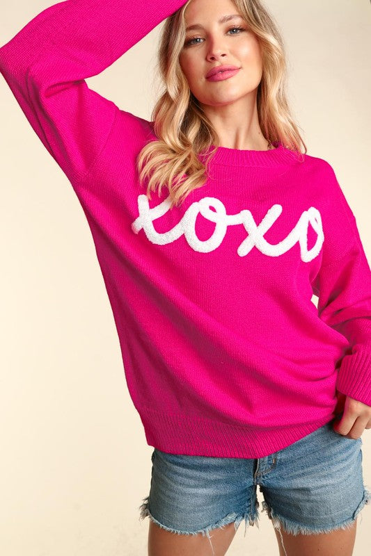 XOXO Valentines Day Sweater - Fuchsia-Sweater- Hometown Style HTS, women's in store and online boutique located in Ingersoll, Ontario
