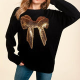 Gold Sequin Bow Christmas Sweater - Black-Sweater- Hometown Style HTS, women's in store and online boutique located in Ingersoll, Ontario