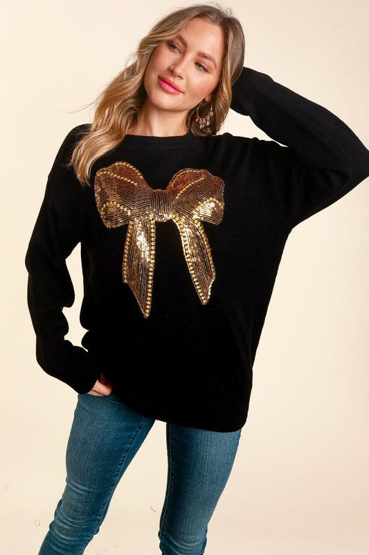 Gold Sequin Bow Christmas Sweater - Black-Sweater- Hometown Style HTS, women's in store and online boutique located in Ingersoll, Ontario