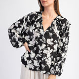 Floral Crinkle Fabric Blouse - Black-blouse- Hometown Style HTS, women's in store and online boutique located in Ingersoll, Ontario