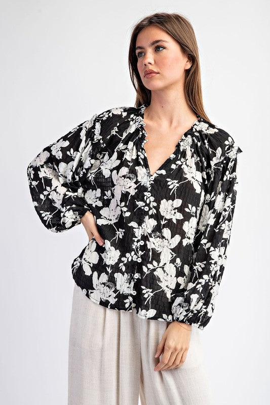 Floral Crinkle Fabric Blouse - Black-blouse- Hometown Style HTS, women's in store and online boutique located in Ingersoll, Ontario