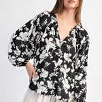 Floral Crinkle Fabric Blouse - Black-blouse- Hometown Style HTS, women's in store and online boutique located in Ingersoll, Ontario