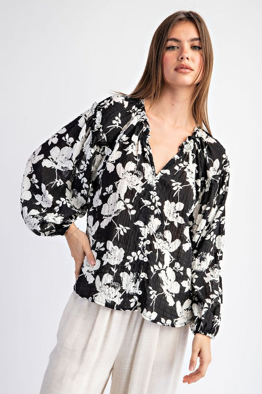 Floral Crinkle Fabric Blouse - Black-blouse- Hometown Style HTS, women's in store and online boutique located in Ingersoll, Ontario