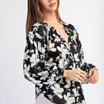 Floral Crinkle Fabric Blouse - Black-blouse- Hometown Style HTS, women's in store and online boutique located in Ingersoll, Ontario