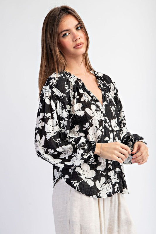 Floral Crinkle Fabric Blouse - Black-blouse- Hometown Style HTS, women's in store and online boutique located in Ingersoll, Ontario