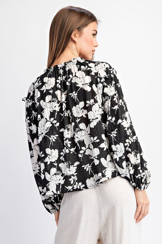 Floral Crinkle Fabric Blouse - Black-blouse- Hometown Style HTS, women's in store and online boutique located in Ingersoll, Ontario