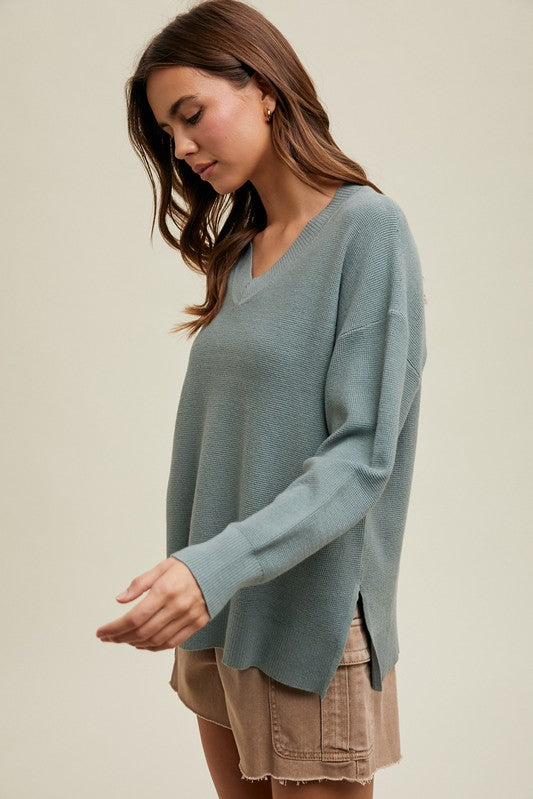 Waffle Knit Sweater - Sage-sweater- Hometown Style HTS, women's in store and online boutique located in Ingersoll, Ontario