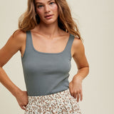 Ribbed Square Neck Tank - Grey-tank- Hometown Style HTS, women's in store and online boutique located in Ingersoll, Ontario