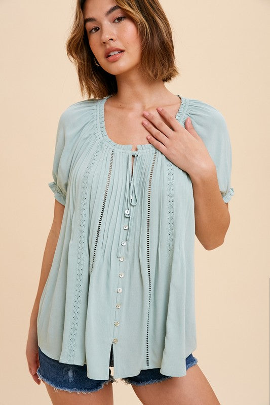 Ruffled Short Sleeve Button Up - Sage-Shirts & Tops- Hometown Style HTS, women's in store and online boutique located in Ingersoll, Ontario
