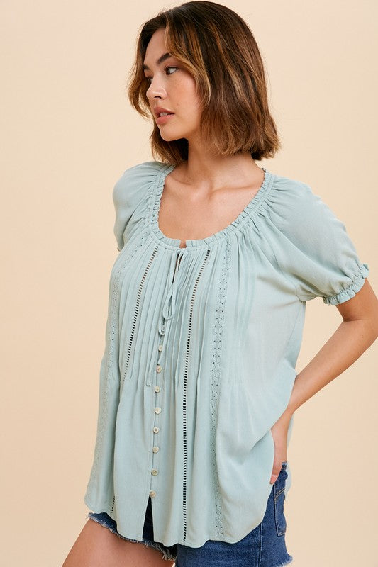 Ruffled Short Sleeve Button Up - Sage-Shirts & Tops- Hometown Style HTS, women's in store and online boutique located in Ingersoll, Ontario