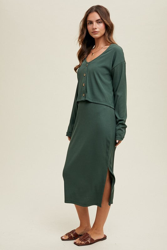 Ribbed Knit Cardigan & Dress - Green-set- Hometown Style HTS, women's in store and online boutique located in Ingersoll, Ontario