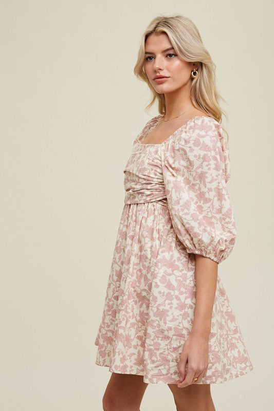 Floral Ruched Bust Mini Dress - Cream & Mauve-Dresses- Hometown Style HTS, women's in store and online boutique located in Ingersoll, Ontario