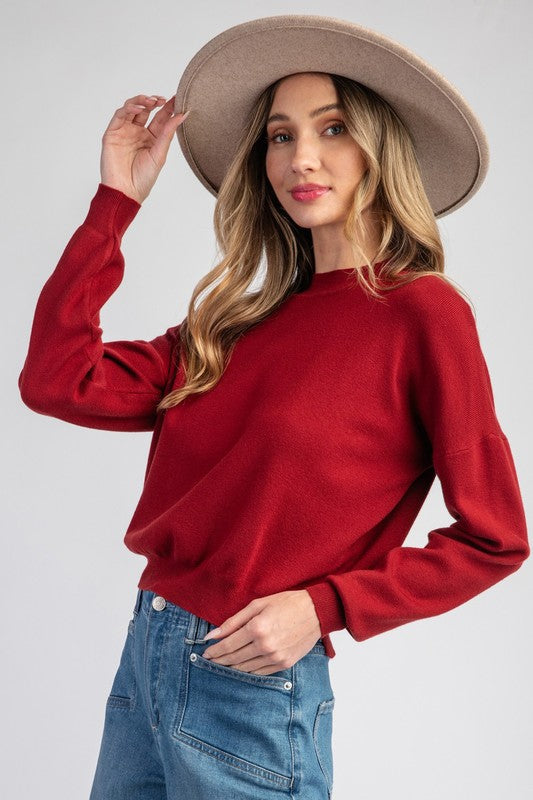 Solid Mock Neck Sweater - Merlot-Sweater- Hometown Style HTS, women's in store and online boutique located in Ingersoll, Ontario