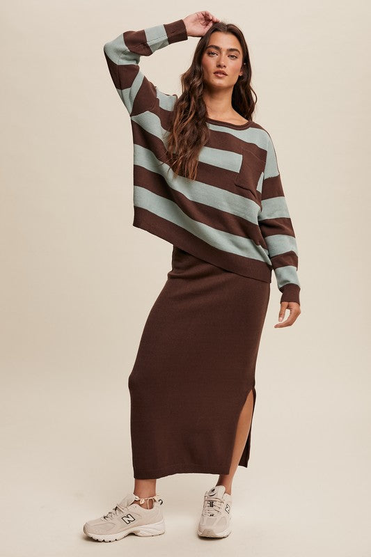 Striped Sweater & Knit Pencil Skirt - Mocha-set- Hometown Style HTS, women's in store and online boutique located in Ingersoll, Ontario