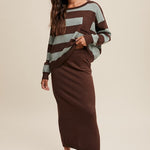 Striped Sweater & Knit Pencil Skirt - Mocha-set- Hometown Style HTS, women's in store and online boutique located in Ingersoll, Ontario