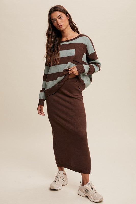 Striped Sweater & Knit Pencil Skirt - Mocha-set- Hometown Style HTS, women's in store and online boutique located in Ingersoll, Ontario