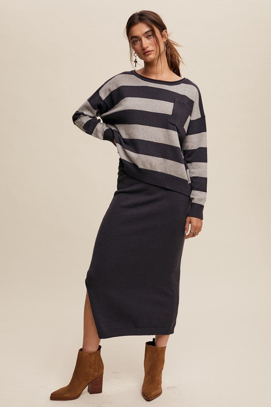 Striped Sweater & Knit Pencil Skirt - Navy-set- Hometown Style HTS, women's in store and online boutique located in Ingersoll, Ontario