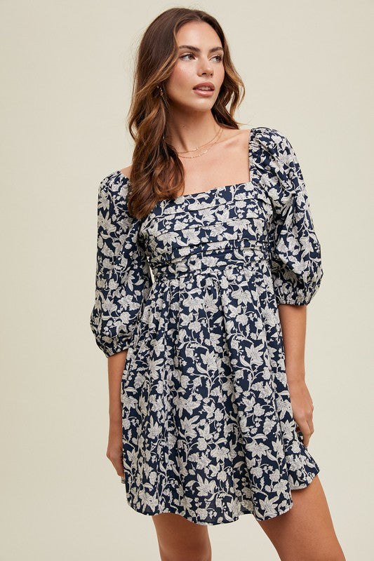 Floral Ruched Bust Mini Dress - Navy & Ivory-Dress- Hometown Style HTS, women's in store and online boutique located in Ingersoll, Ontario