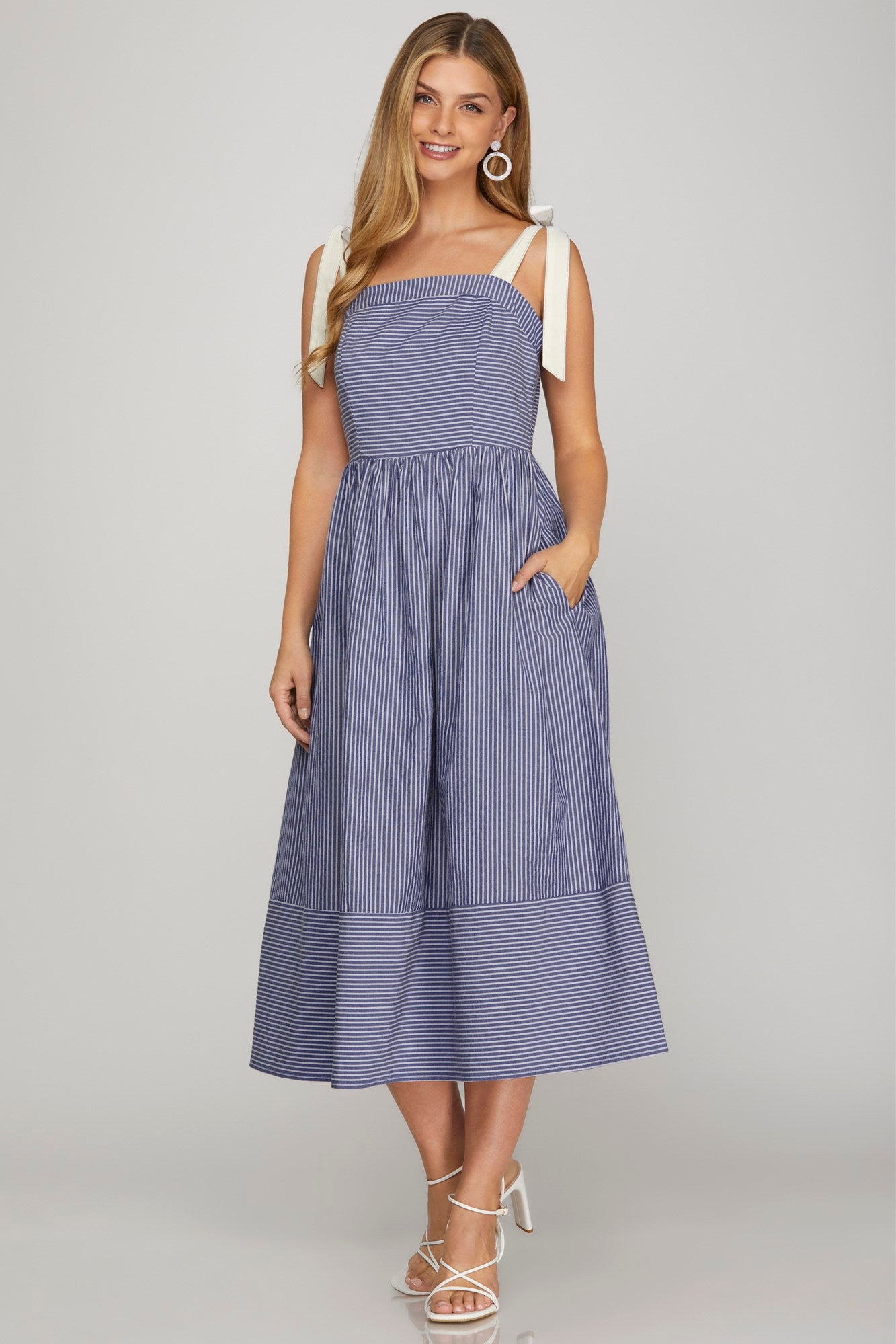 Ribbon Strap Striped Midi Dress - Navy-Special Occasion Dress- Hometown Style HTS, women's in store and online boutique located in Ingersoll, Ontario