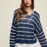 Striped Open Knit Hoodie - Navy & Ecru-Sweater- Hometown Style HTS, women's in store and online boutique located in Ingersoll, Ontario