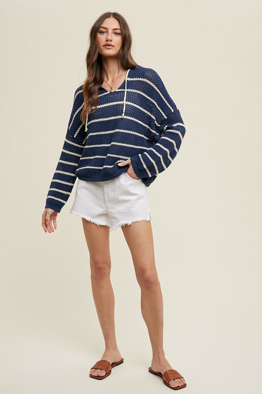 Striped Open Knit Hoodie - Navy & Ecru-Sweater- Hometown Style HTS, women's in store and online boutique located in Ingersoll, Ontario