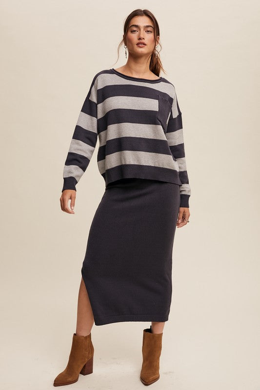 Striped Sweater & Knit Pencil Skirt - Navy-set- Hometown Style HTS, women's in store and online boutique located in Ingersoll, Ontario