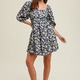 Floral Ruched Bust Mini Dress - Navy & Ivory-Dress- Hometown Style HTS, women's in store and online boutique located in Ingersoll, Ontario