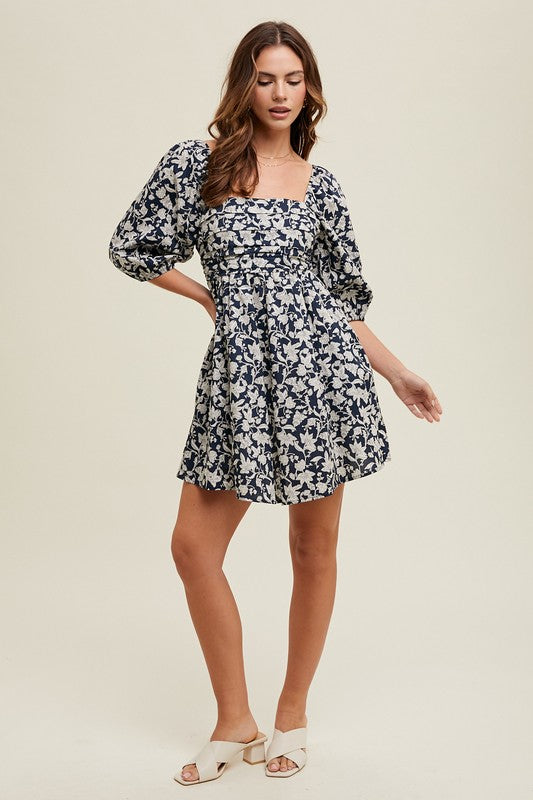 Floral Ruched Bust Mini Dress - Navy & Ivory-Dress- Hometown Style HTS, women's in store and online boutique located in Ingersoll, Ontario