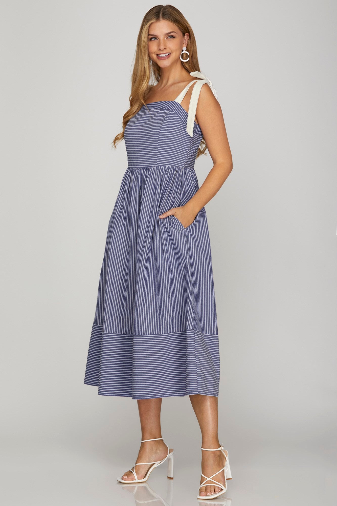 Ribbon Strap Striped Midi Dress - Navy-Special Occasion Dress- Hometown Style HTS, women's in store and online boutique located in Ingersoll, Ontario