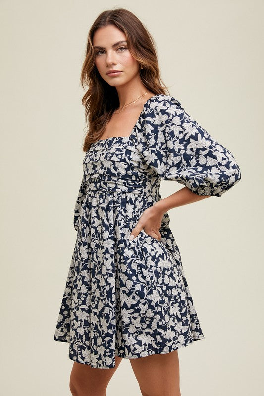 Floral Ruched Bust Mini Dress - Navy & Ivory-Dress- Hometown Style HTS, women's in store and online boutique located in Ingersoll, Ontario