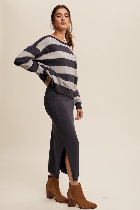 Striped Sweater & Knit Pencil Skirt - Navy-set- Hometown Style HTS, women's in store and online boutique located in Ingersoll, Ontario