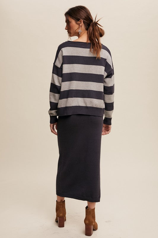 Striped Sweater & Knit Pencil Skirt - Navy-set- Hometown Style HTS, women's in store and online boutique located in Ingersoll, Ontario