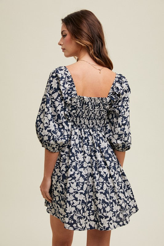 Floral Ruched Bust Mini Dress - Navy & Ivory-Dress- Hometown Style HTS, women's in store and online boutique located in Ingersoll, Ontario