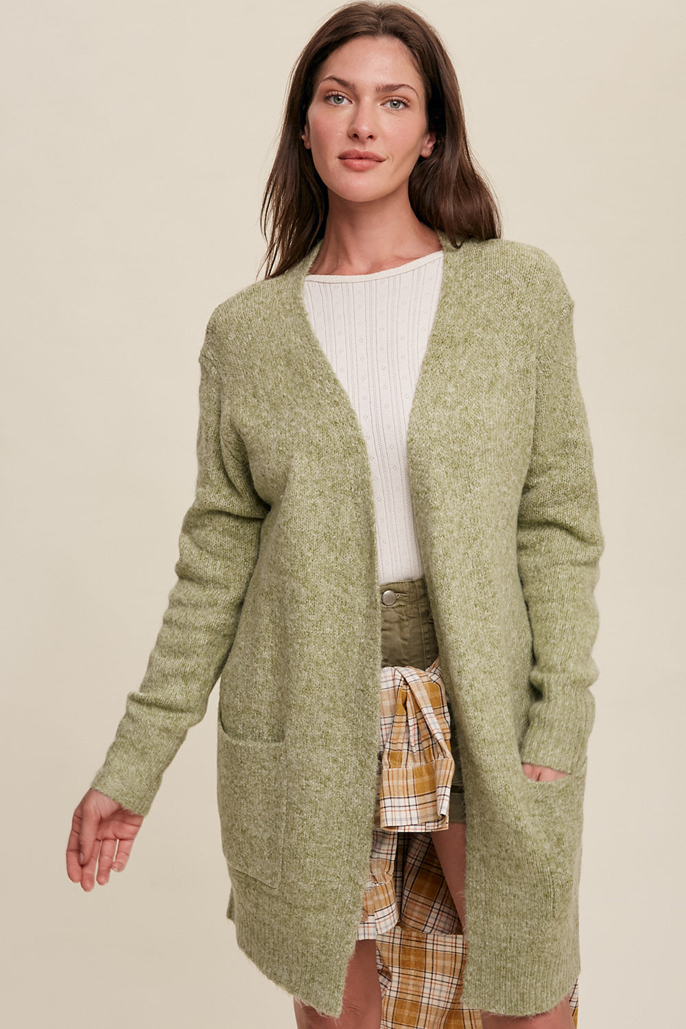 Open Front, Two Pocket Cardigan - Olive-Sweater- Hometown Style HTS, women's in store and online boutique located in Ingersoll, Ontario