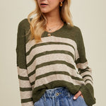 Striped Crochet Sweater Top - Olive & Cream-Sweater- Hometown Style HTS, women's in store and online boutique located in Ingersoll, Ontario