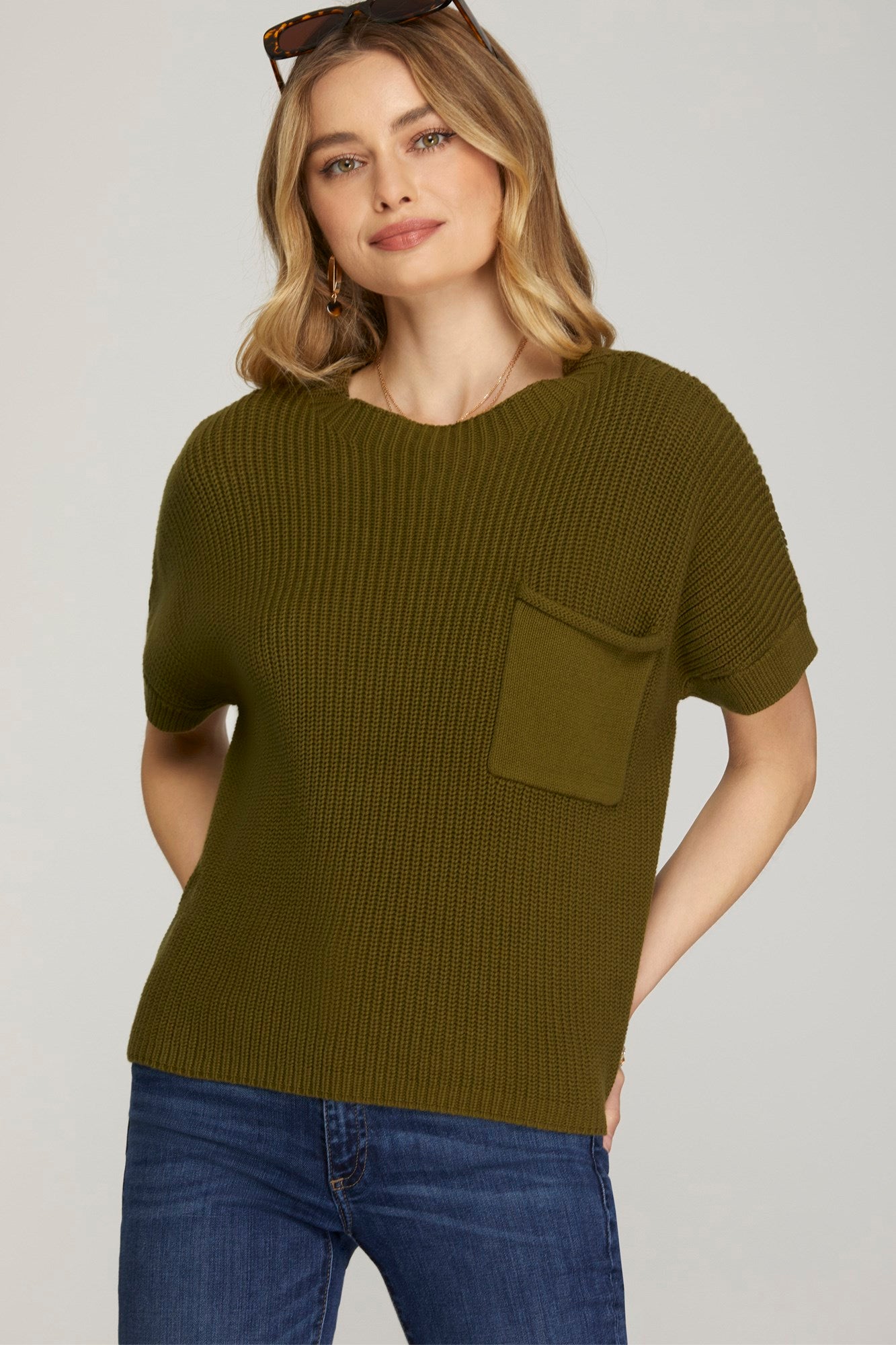 Short Sleeve Sweater Top - Olive-Tops- Hometown Style HTS, women's in store and online boutique located in Ingersoll, Ontario