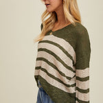 Striped Crochet Sweater Top - Olive & Cream-Sweater- Hometown Style HTS, women's in store and online boutique located in Ingersoll, Ontario