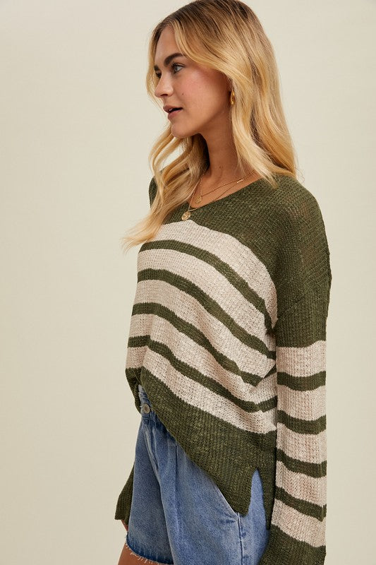 Striped Crochet Sweater Top - Olive & Cream-Sweater- Hometown Style HTS, women's in store and online boutique located in Ingersoll, Ontario