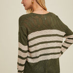 Striped Crochet Sweater Top - Olive & Cream-Sweater- Hometown Style HTS, women's in store and online boutique located in Ingersoll, Ontario