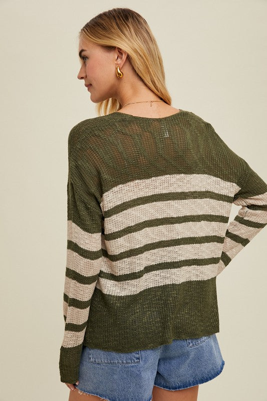 Striped Crochet Sweater Top - Olive & Cream-Sweater- Hometown Style HTS, women's in store and online boutique located in Ingersoll, Ontario