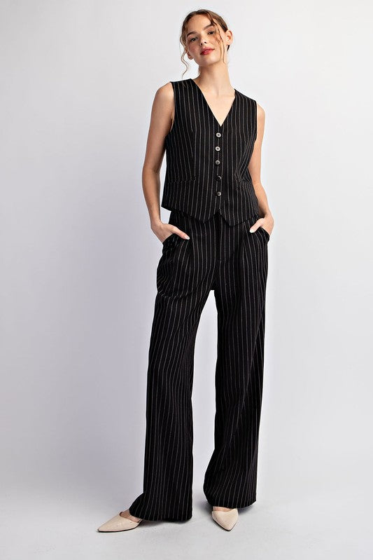 Pinstripe Straight Leg Pants - Black-dress pants- Hometown Style HTS, women's in store and online boutique located in Ingersoll, Ontario