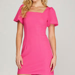 Puff Sleeve Mini Dress - Hot Pink-Special Occasion Dress- Hometown Style HTS, women's in store and online boutique located in Ingersoll, Ontario