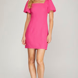 Puff Sleeve Mini Dress - Hot Pink-Special Occasion Dress- Hometown Style HTS, women's in store and online boutique located in Ingersoll, Ontario