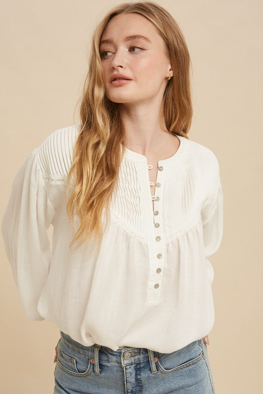 Pleated Long Sleeve Blouse - White-Shirts & Tops- Hometown Style HTS, women's in store and online boutique located in Ingersoll, Ontario