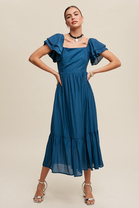 Ruffle Sleeve Maxi Dress - Blue-Dress- Hometown Style HTS, women's in store and online boutique located in Ingersoll, Ontario