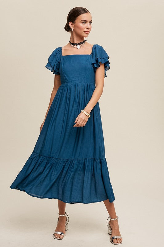 Ruffle Sleeve Maxi Dress - Blue-Dress- Hometown Style HTS, women's in store and online boutique located in Ingersoll, Ontario