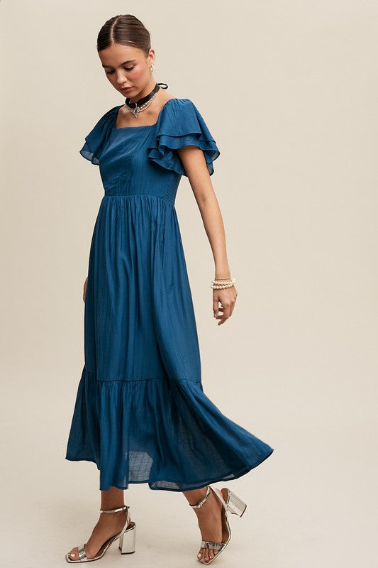 Ruffle Sleeve Maxi Dress - Blue-Dress- Hometown Style HTS, women's in store and online boutique located in Ingersoll, Ontario