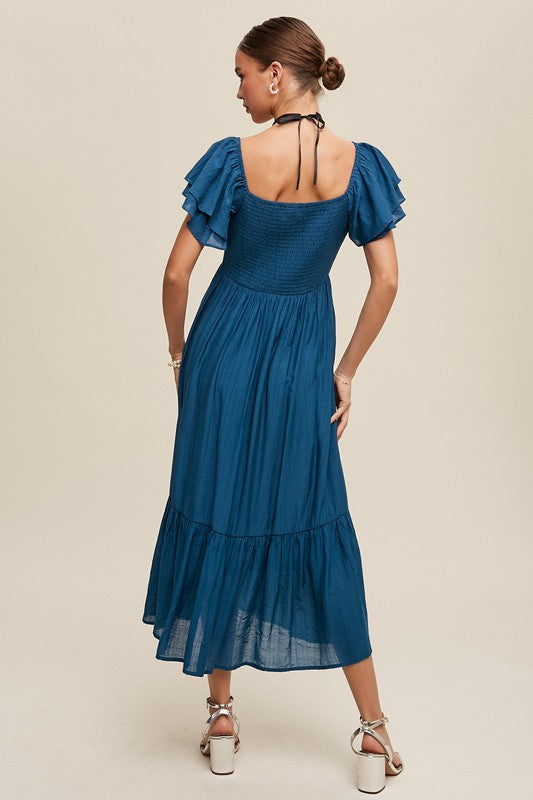 Ruffle Sleeve Maxi Dress - Blue-Dress- Hometown Style HTS, women's in store and online boutique located in Ingersoll, Ontario