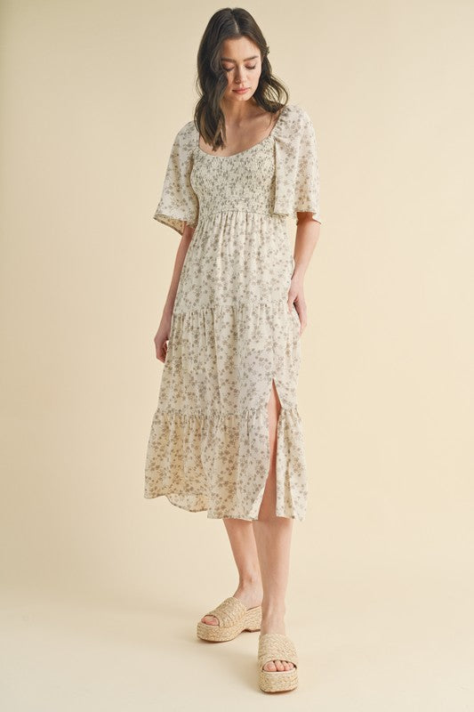 Floral Tiered Midi Dress - Cream & Stone-Dress- Hometown Style HTS, women's in store and online boutique located in Ingersoll, Ontario