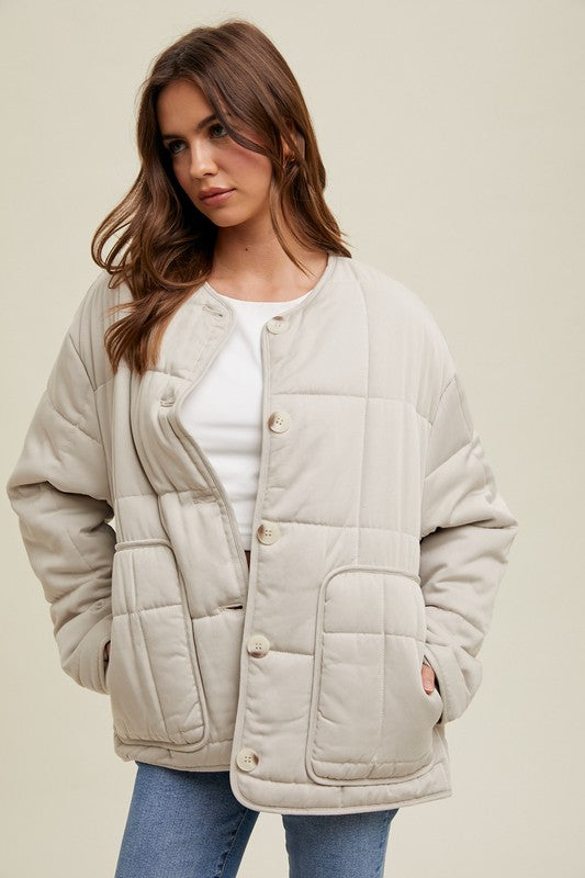 Quilted Oversized Jacket - Stone-jacket- Hometown Style HTS, women's in store and online boutique located in Ingersoll, Ontario